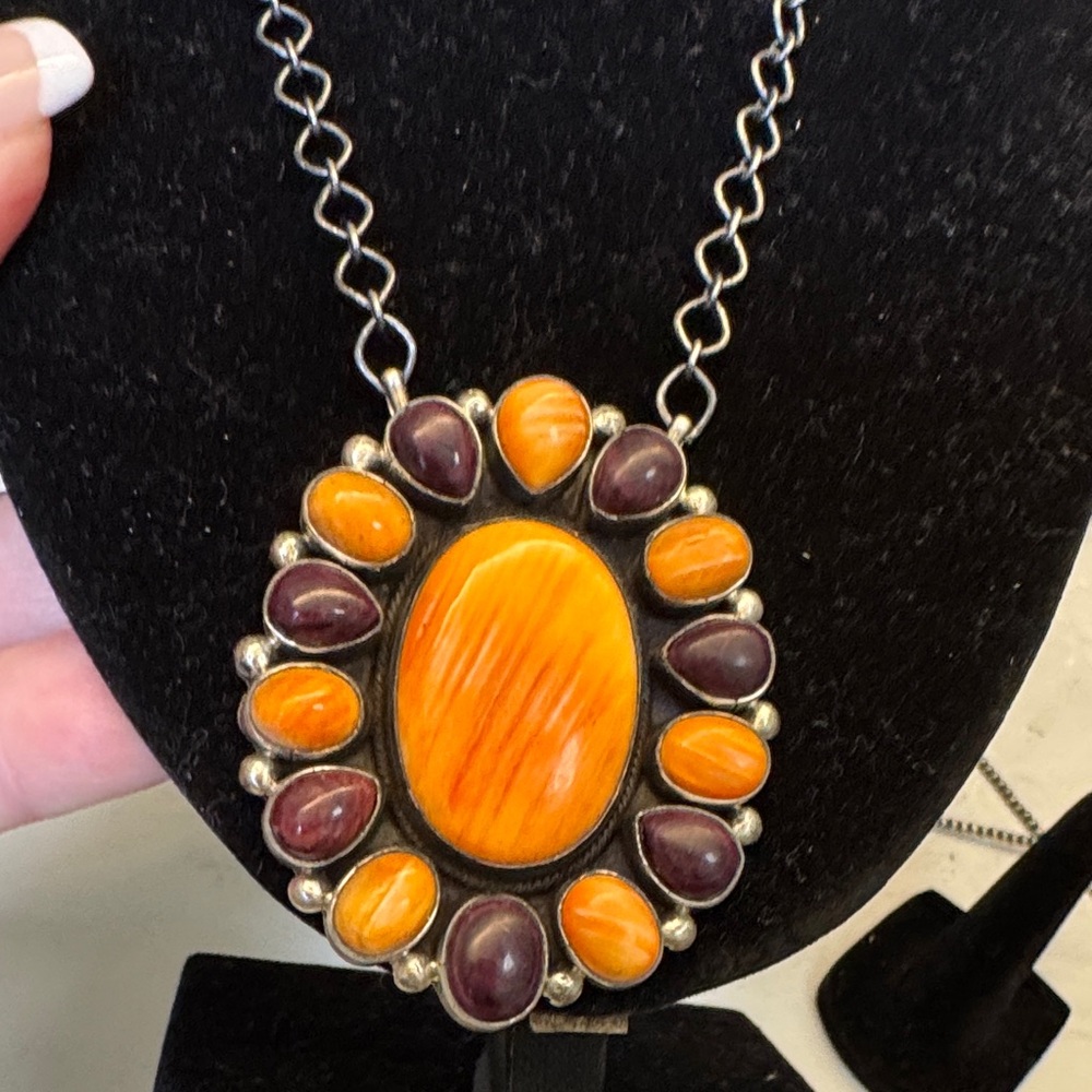 Bold Orange & Purple spiny Pendant Necklace - Antonette Mart,  Navajo signed